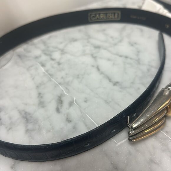 CARLISLE Vintage Leather Black Croc Embossed Belt Silver and Gold Buckle Sz M main image 7